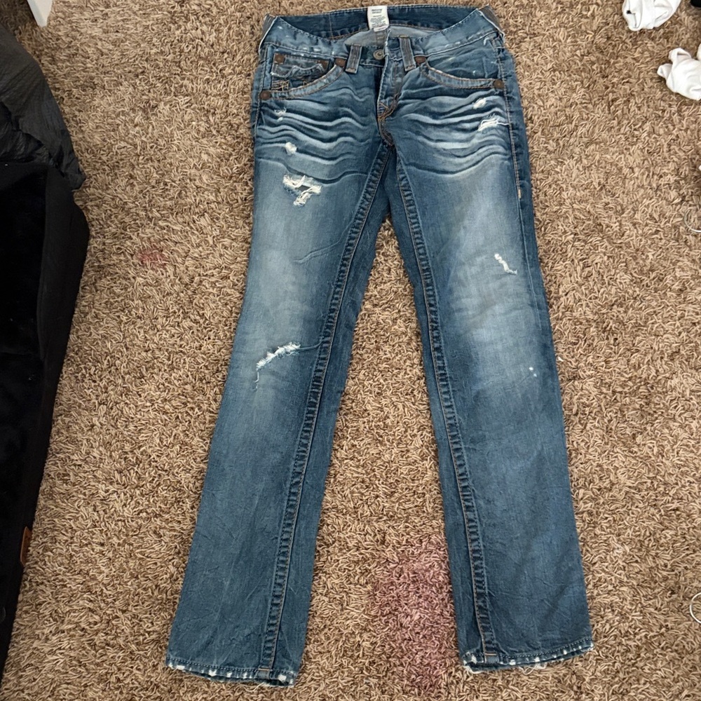 True Religion Men's Blue Distressed Straight Leg Jeans